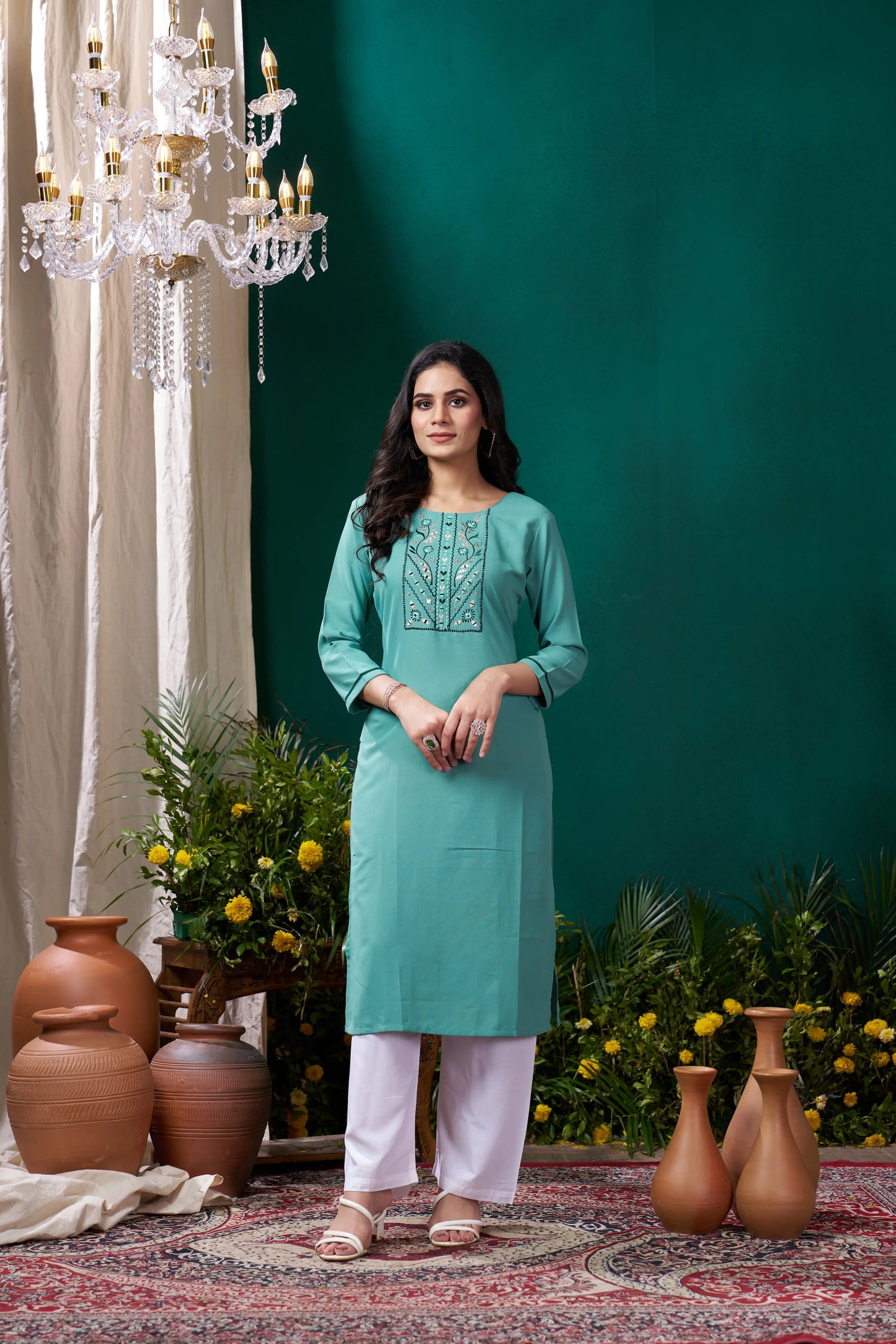 Cyan Kurta Set with Handmade Embroidery