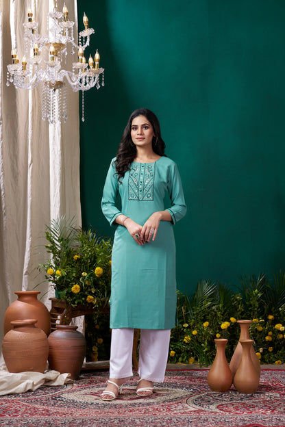 Cyan Kurta Set with Handmade Embroidery