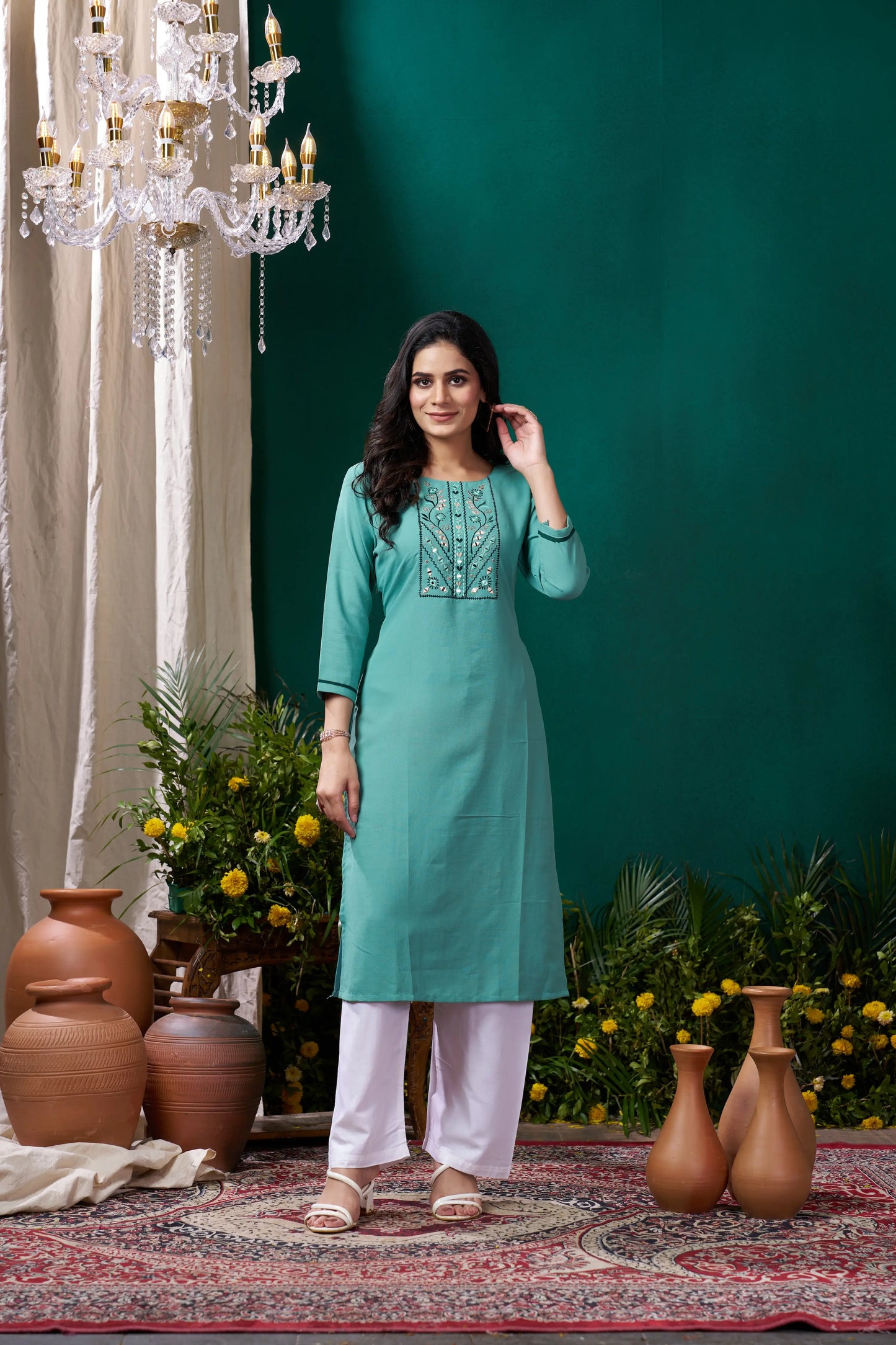 Cyan Kurta Set with Handmade Embroidery