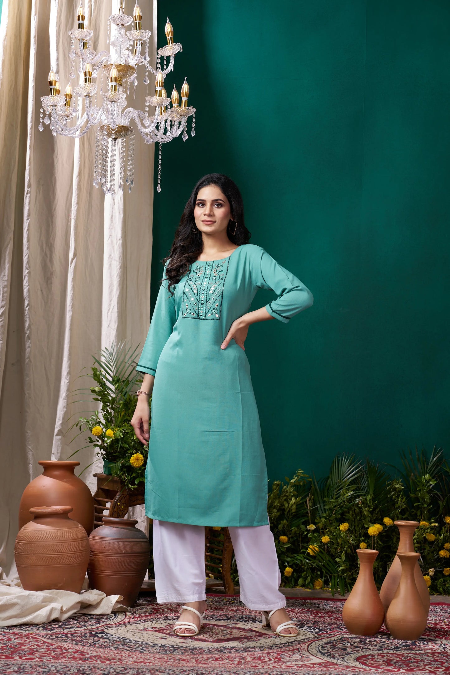 Cyan Kurta Set with Handmade Embroidery