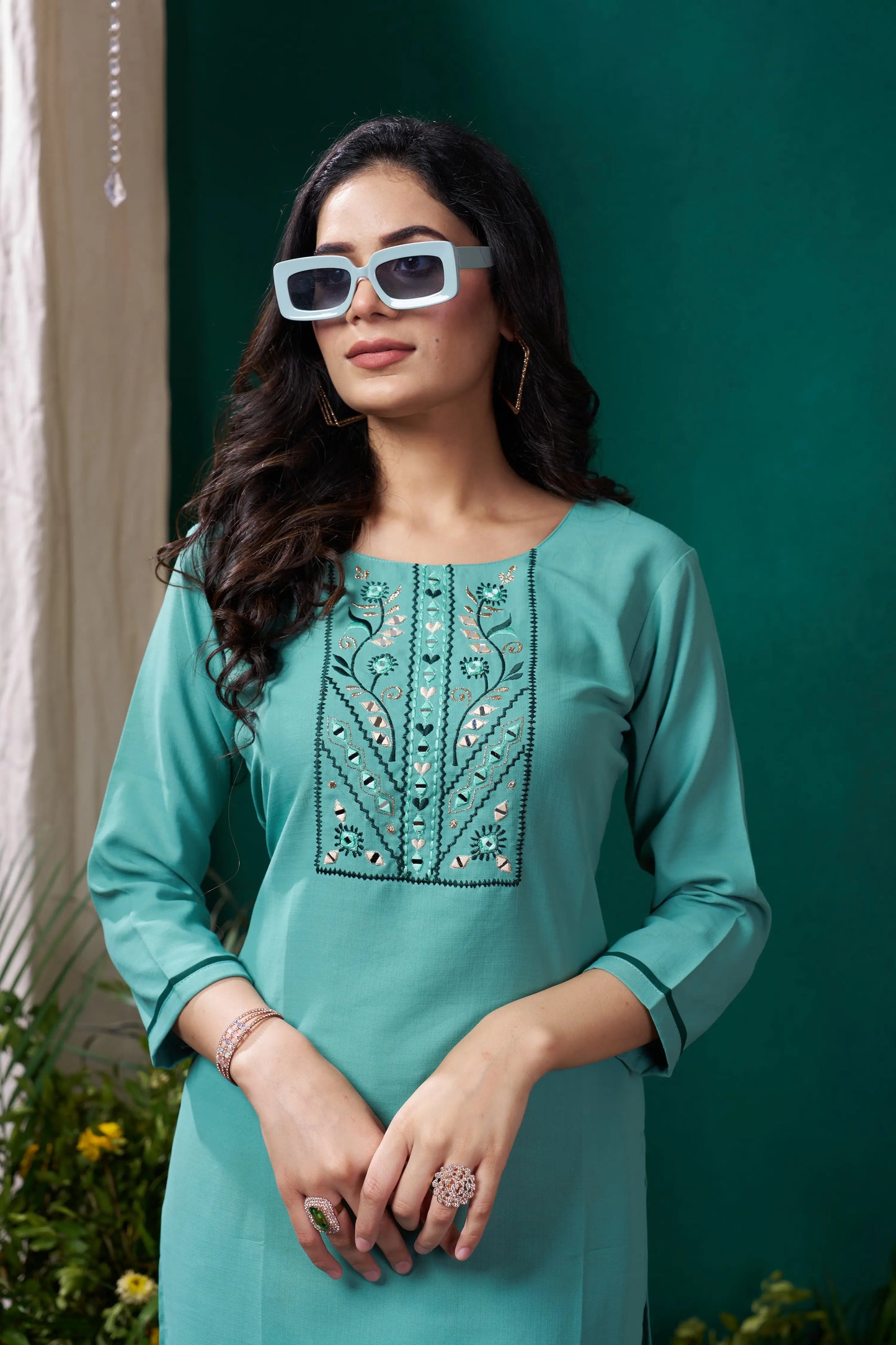 Cyan Kurta Set with Handmade Embroidery