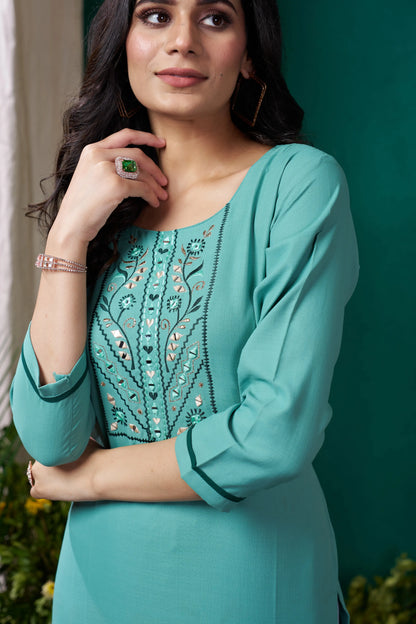 Cyan Kurta Set with Handmade Embroidery