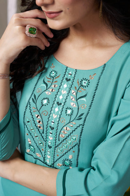 Cyan Kurta Set with Handmade Embroidery