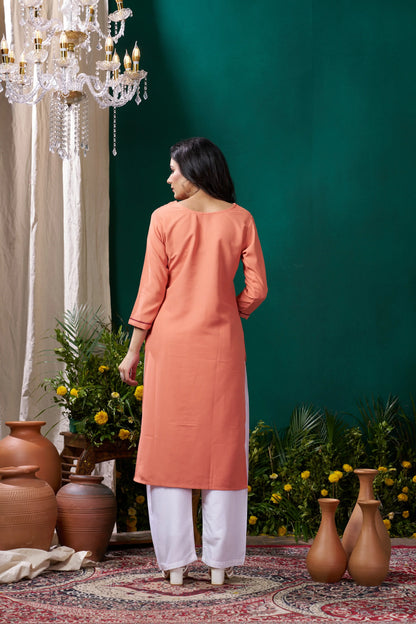Peach Handwork Kurta Set With Pocket