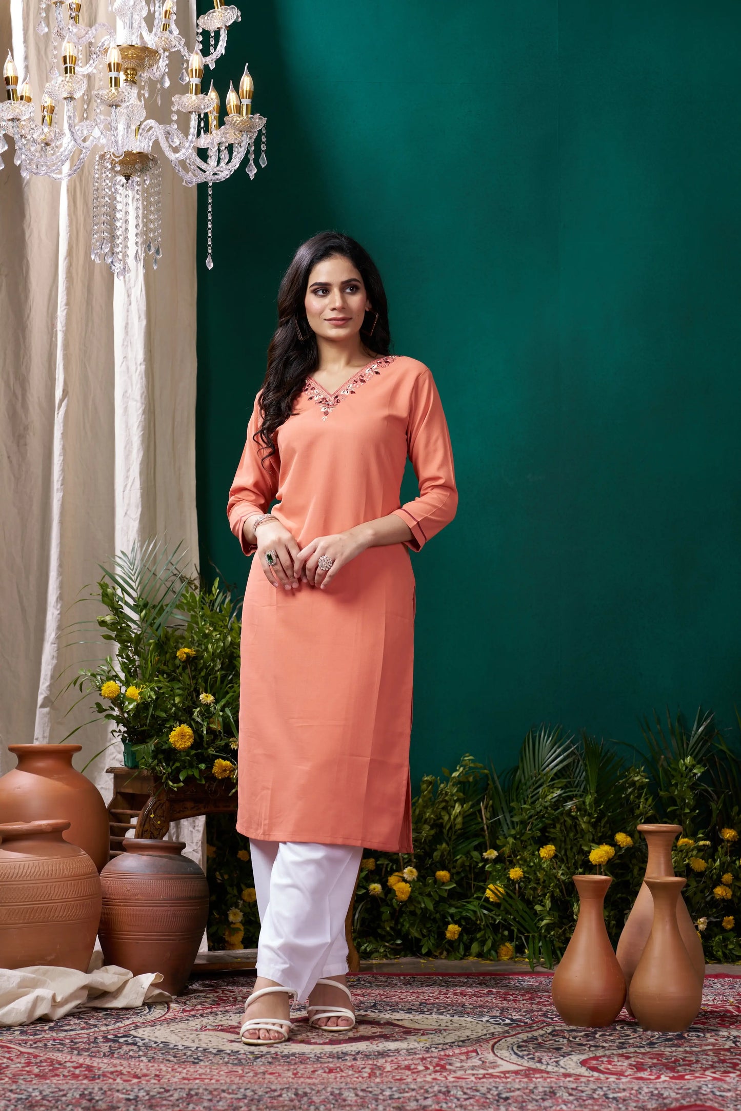 Peach Handwork Kurta Set With Pocket