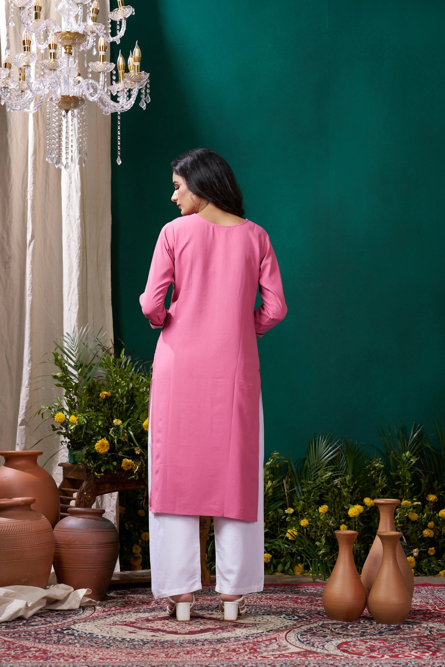 Rose Pink Handwork Kurta Set With Pocket