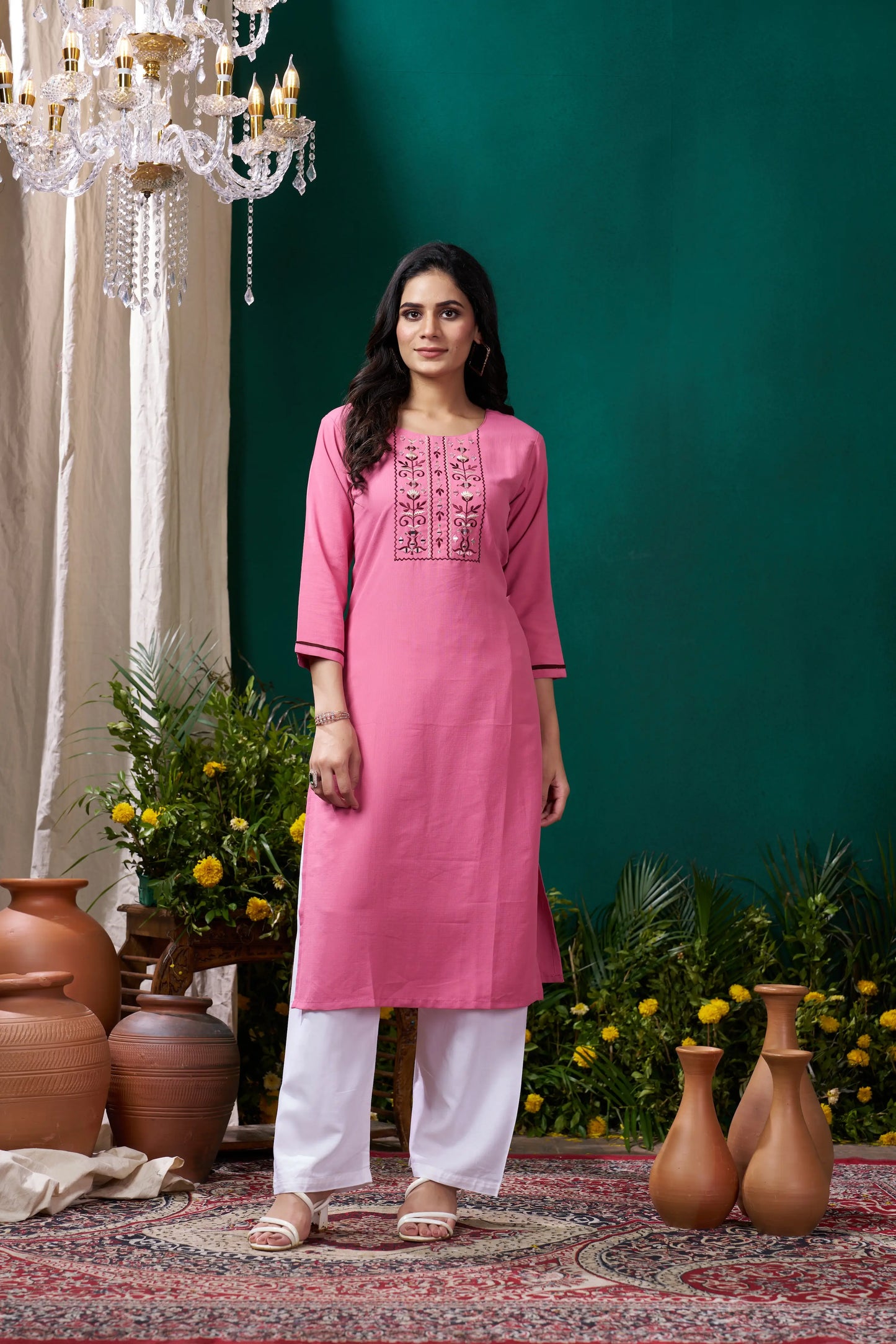 Rose Pink Handwork Kurta Set With Pocket