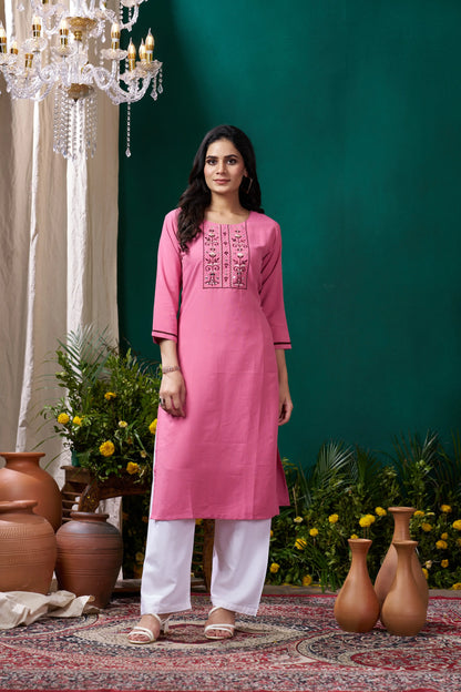 Rose Pink Handwork Kurta Set With Pocket