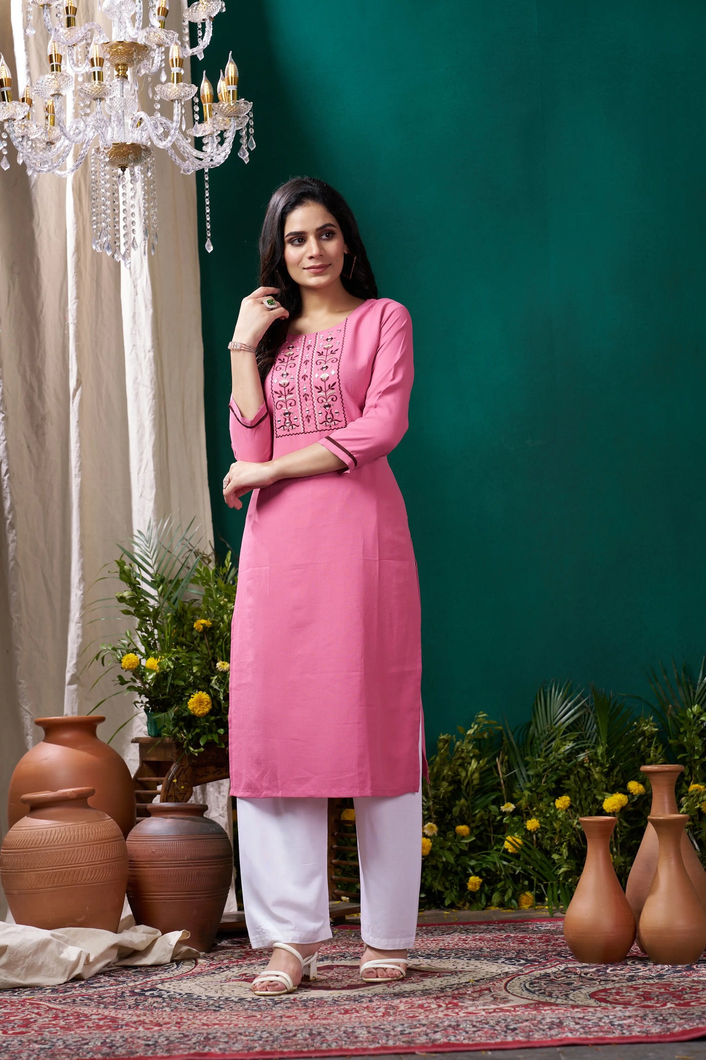 Rose Pink Handwork Kurta Set With Pocket