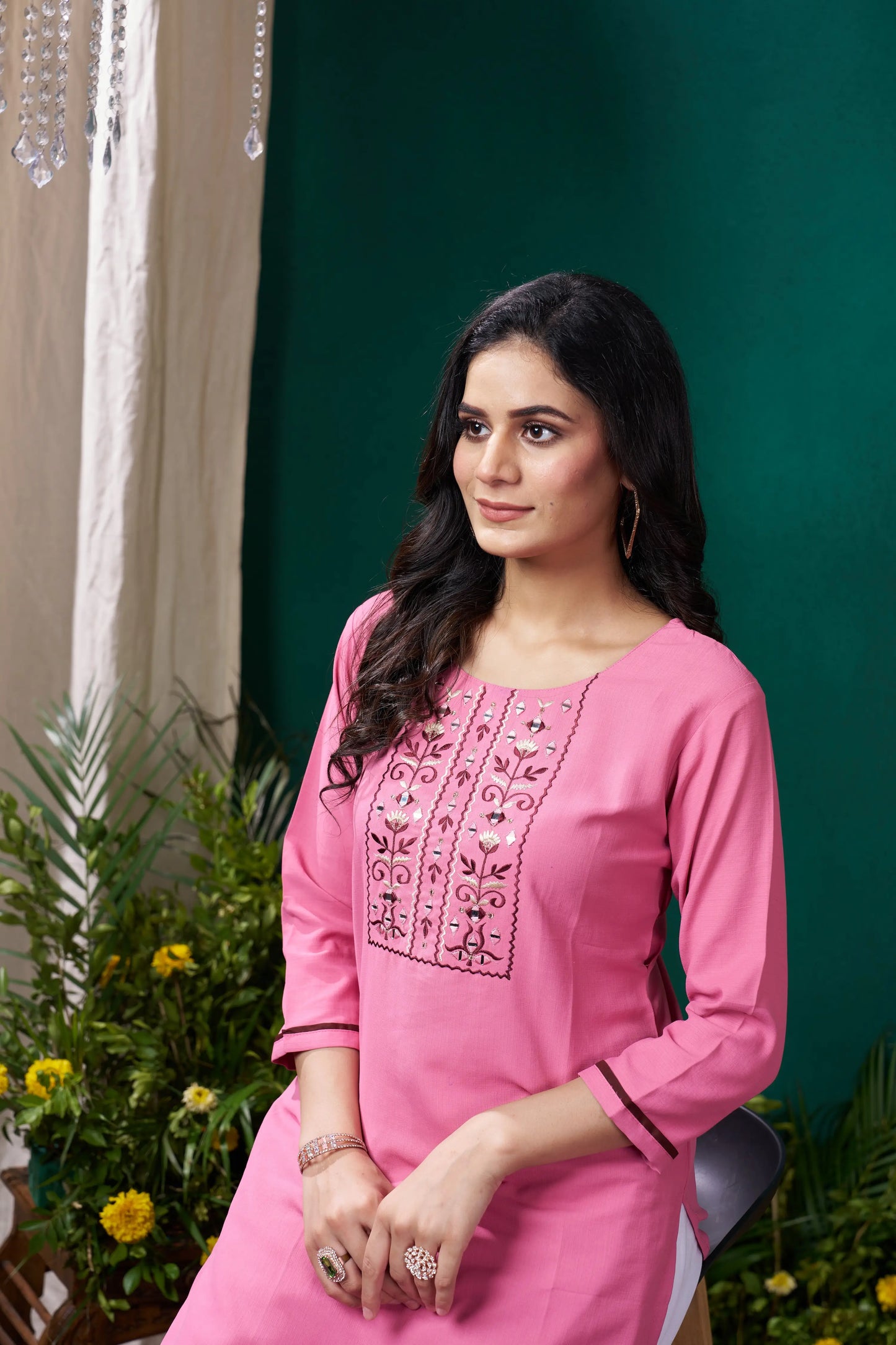 Rose Pink Handwork Kurta Set With Pocket