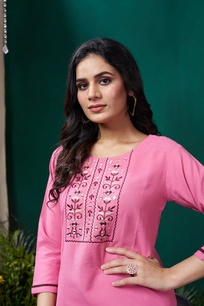 Rose Pink Handwork Kurta Set With Pocket
