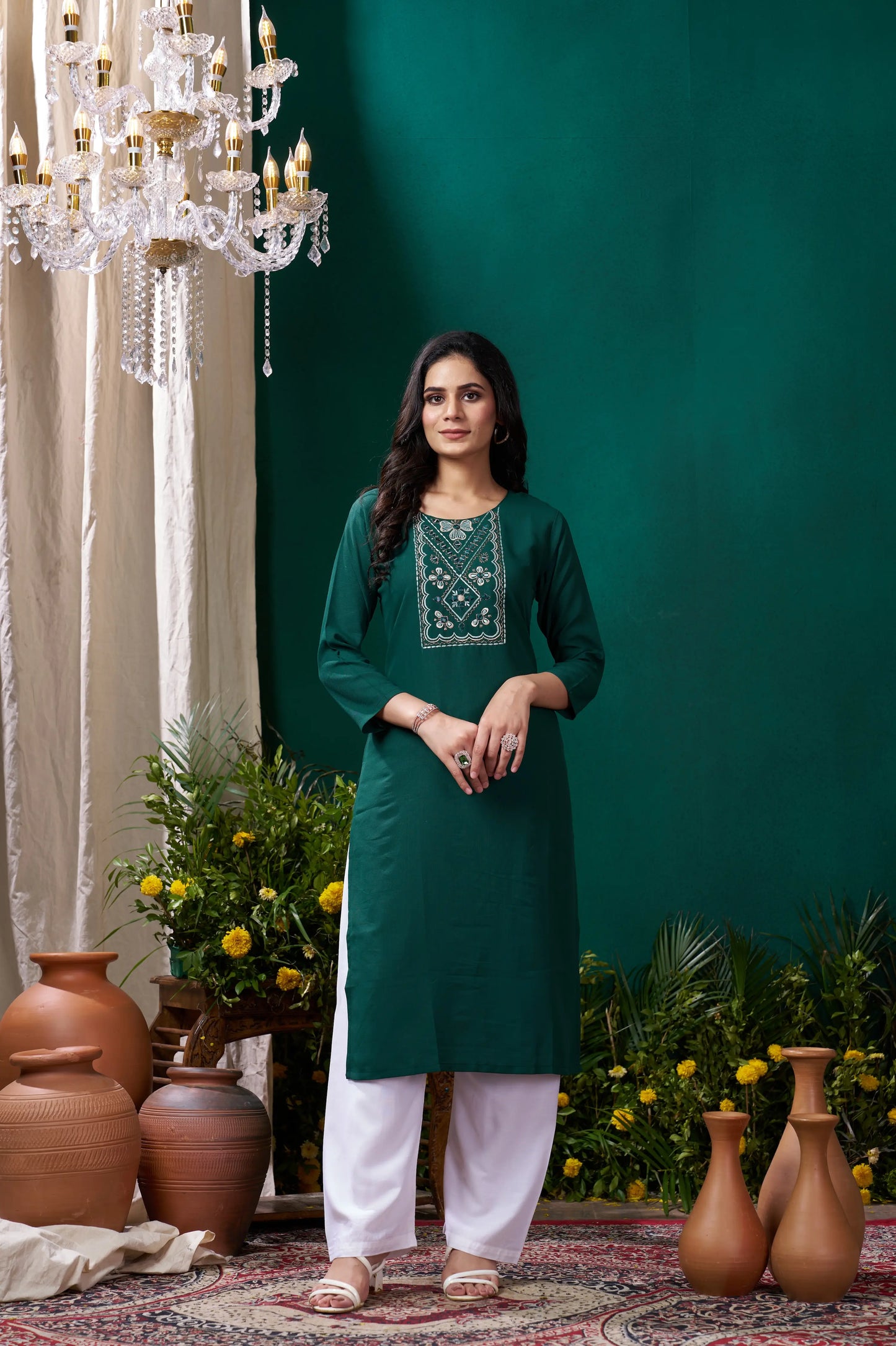 Green Handwork Kurta Set With Pocket