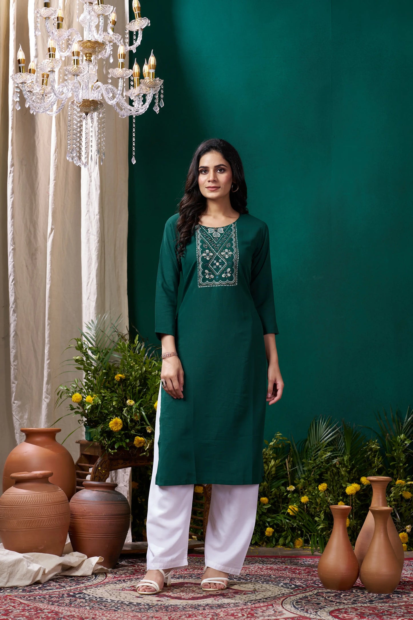 Green Handwork Kurta Set With Pocket