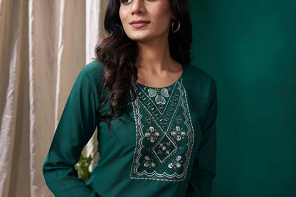 Green Handwork Kurta Set With Pocket