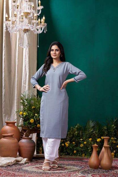 Tealish Blue Handwork Kurta Set With Pocket