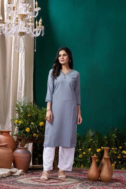 Tealish Blue Handwork Kurta Set With Pocket