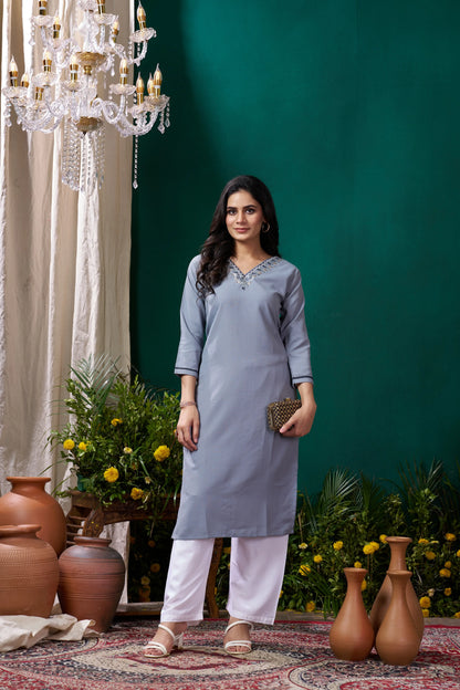 Tealish Blue Handwork Kurta Set With Pocket