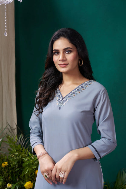 Tealish Blue Handwork Kurta Set With Pocket