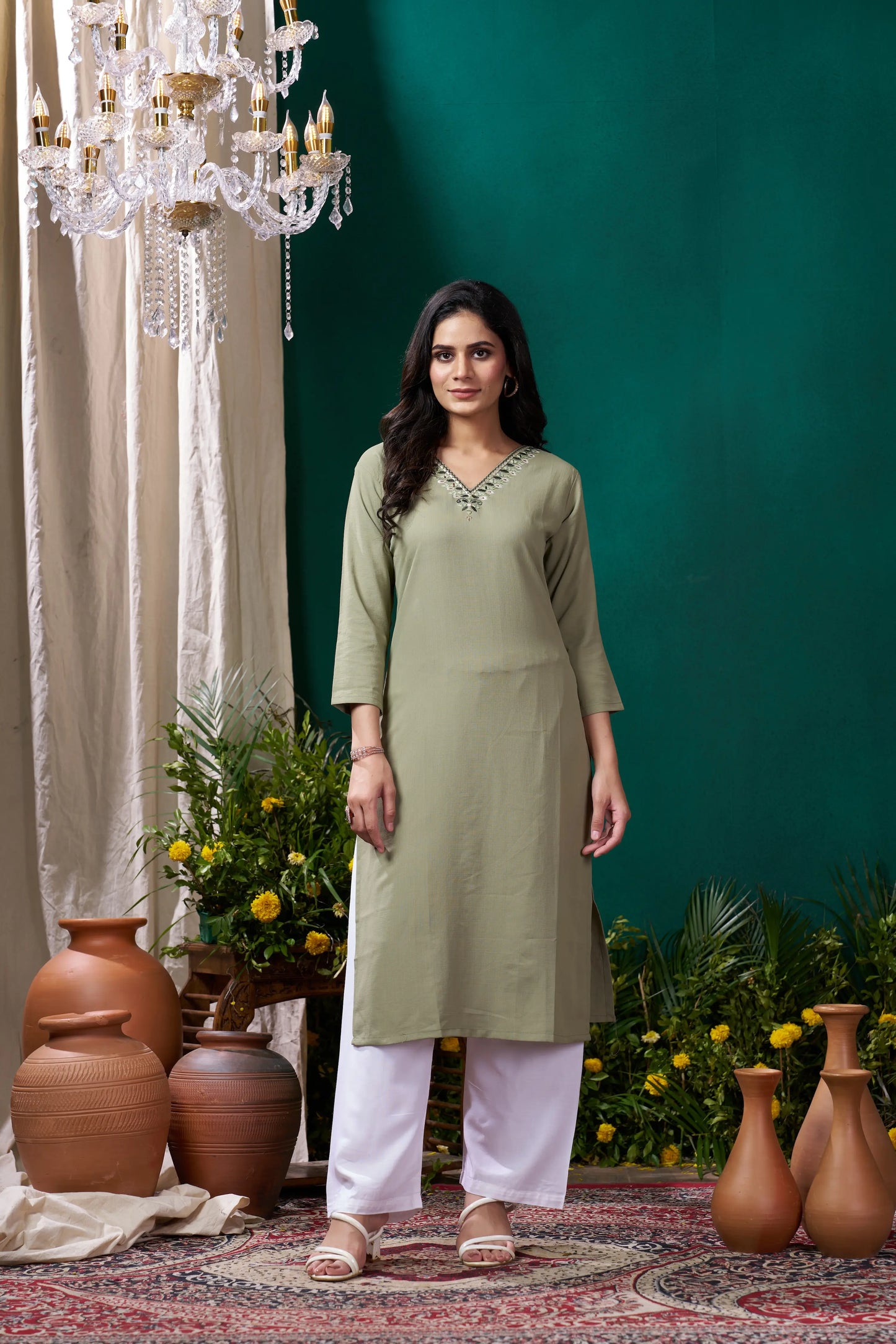 Pistachio Green Kurta Set with Handmade Embroidery