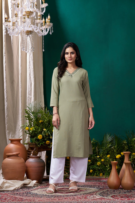 Pistachio Green Kurta Set with Handmade Embroidery
