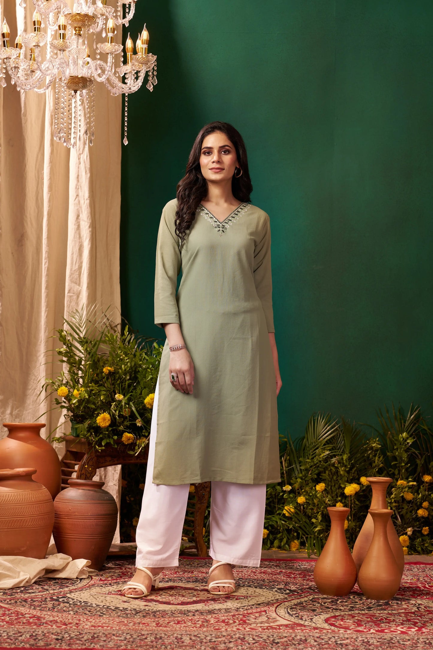 Pistachio Green Kurta Set with Handmade Embroidery