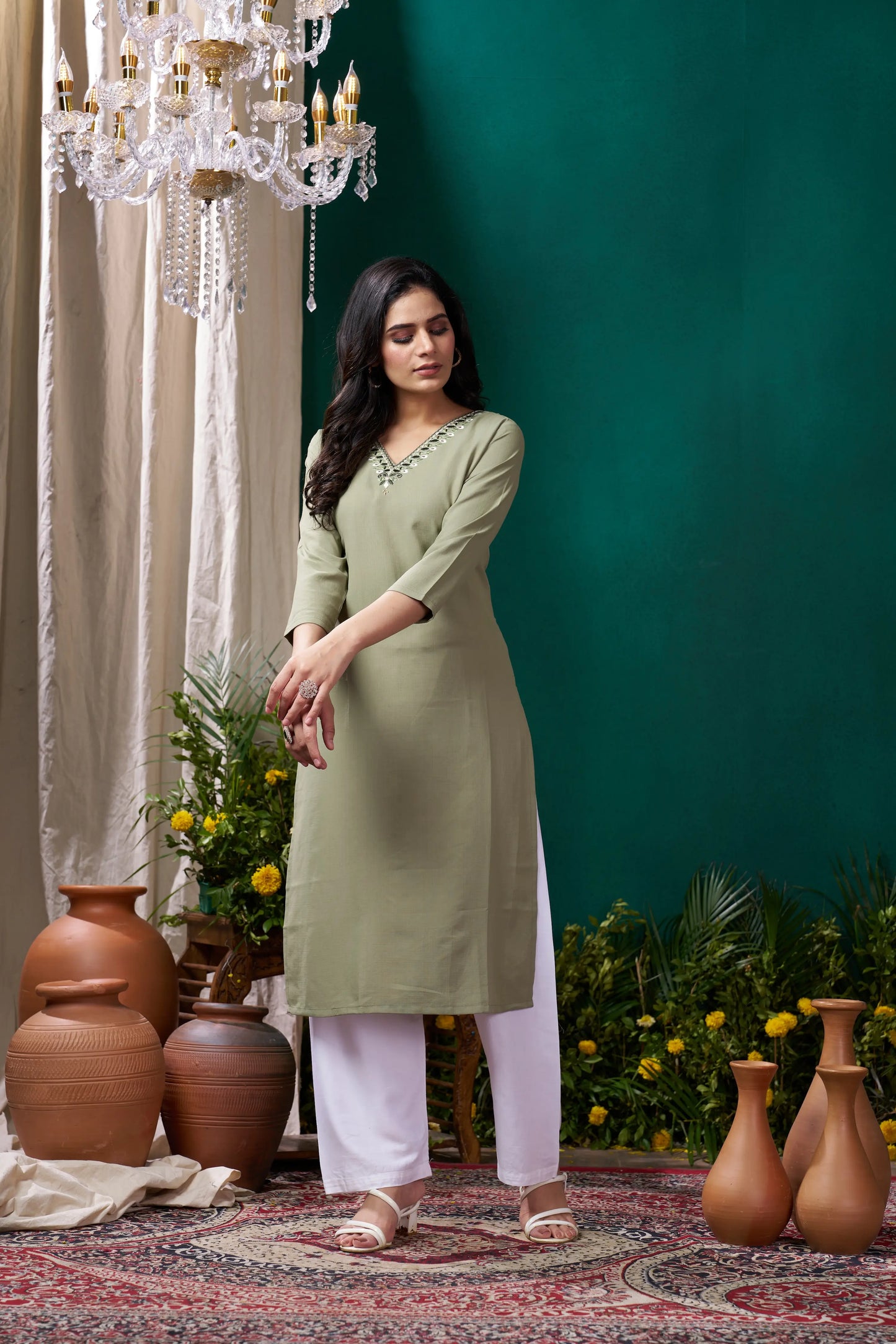 Pistachio Green Kurta Set with Handmade Embroidery