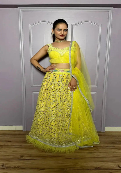 Yellow Georgette Lehenga Choli With Foil Mirror & Sequence Work