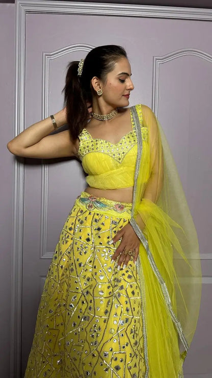 Yellow Georgette Lehenga Choli With Foil Mirror & Sequence Work