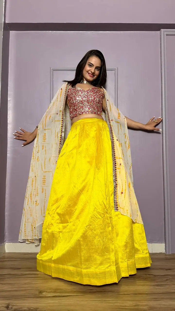 Yellow Kasturi Silk Indo Western Lehenga Set With Thread & Foil Mirror Work