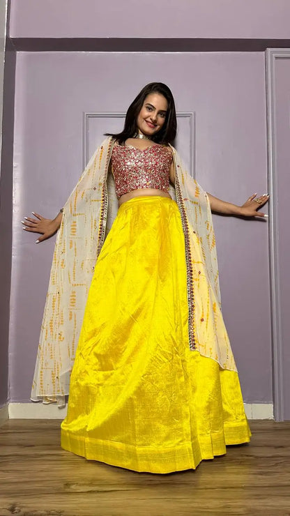 Yellow Kasturi Silk Indo Western Lehenga Set With Thread & Foil Mirror Work