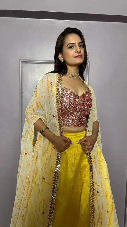 Yellow Kasturi Silk Indo Western Lehenga Set With Thread & Foil Mirror Work