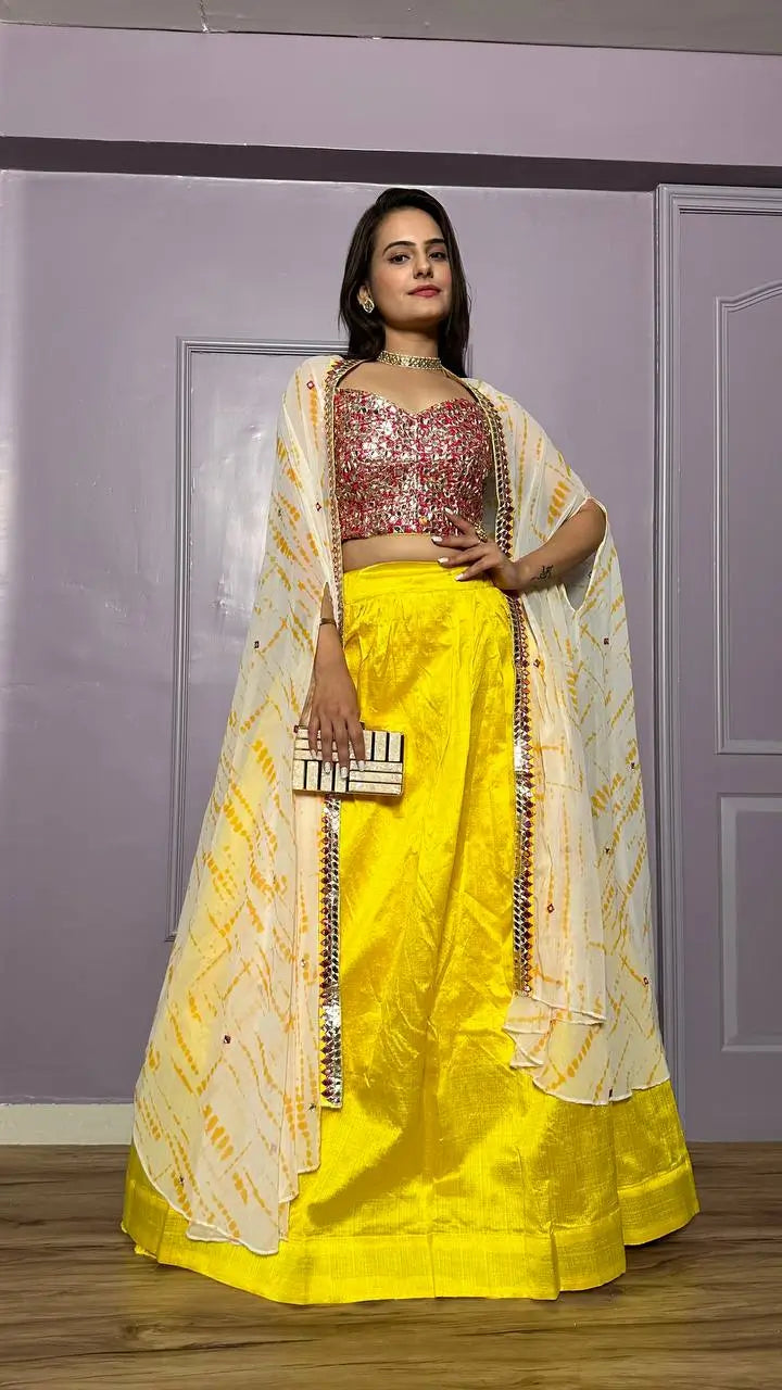 Yellow Kasturi Silk Indo Western Lehenga Set With Thread & Foil Mirror Work