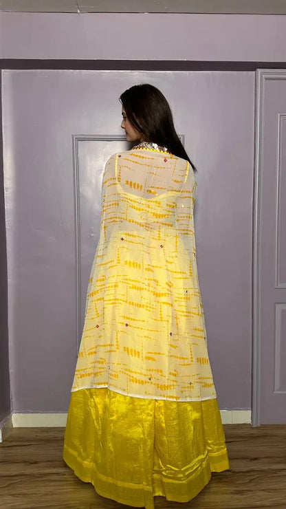 Yellow Kasturi Silk Indo Western Lehenga Set With Thread & Foil Mirror Work