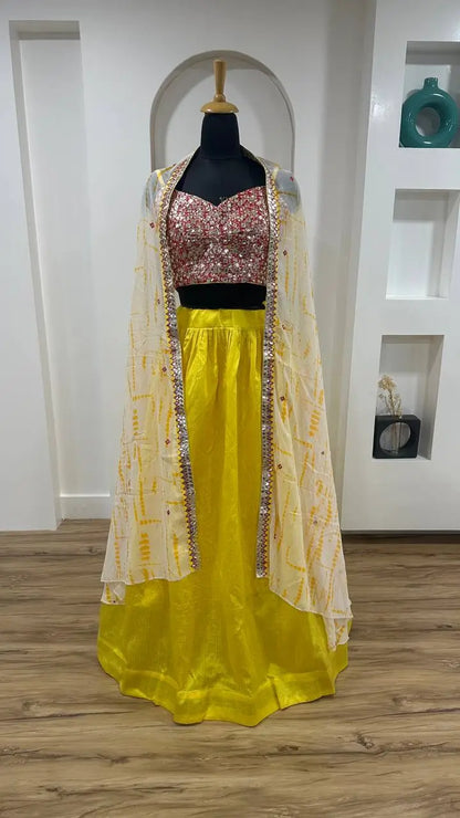 Yellow Kasturi Silk Indo Western Lehenga Set With Thread & Foil Mirror Work