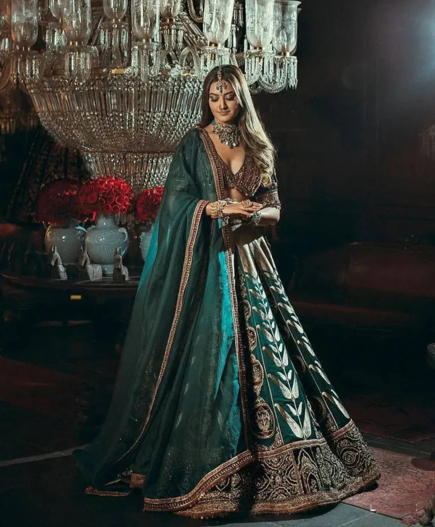 Green Mul Mul Silk Lehenga Choli With Thread, Zari & Sequence embroidery Work