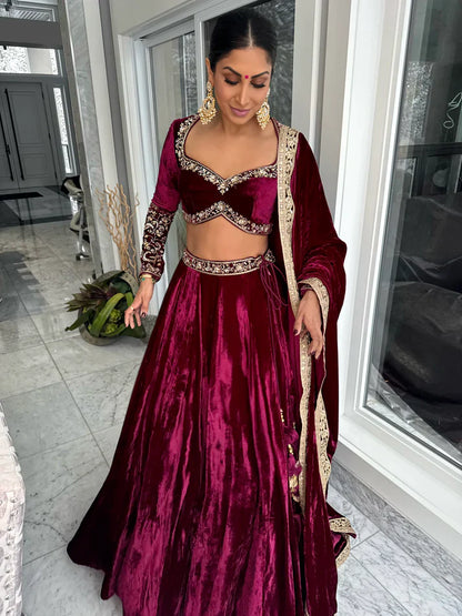 Wine Red Velvet Thread, Sequence & Dori Work Lehenga Choli