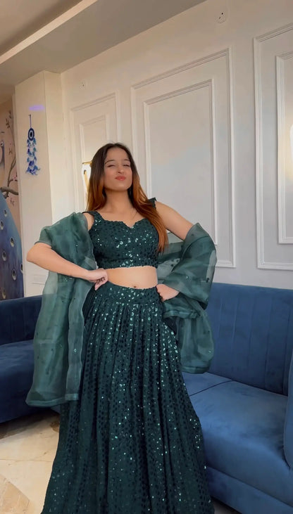 Green Georgette Sequins Embroidery Lehenga Choli