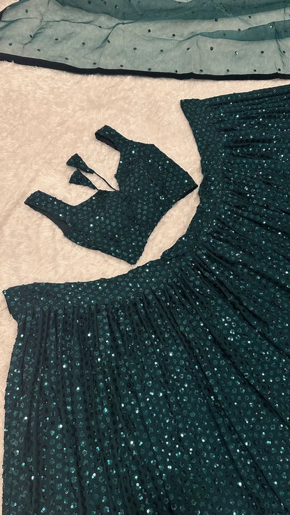 Green Georgette Sequins Embroidery Lehenga Choli