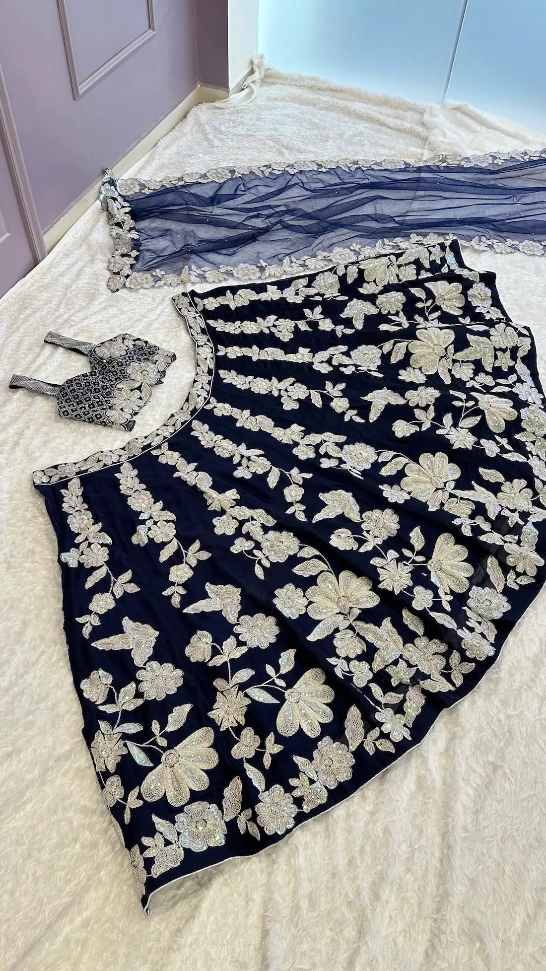 Navy Blue Kasturi Silk Lehenga Choli With Sequence & Dori Work