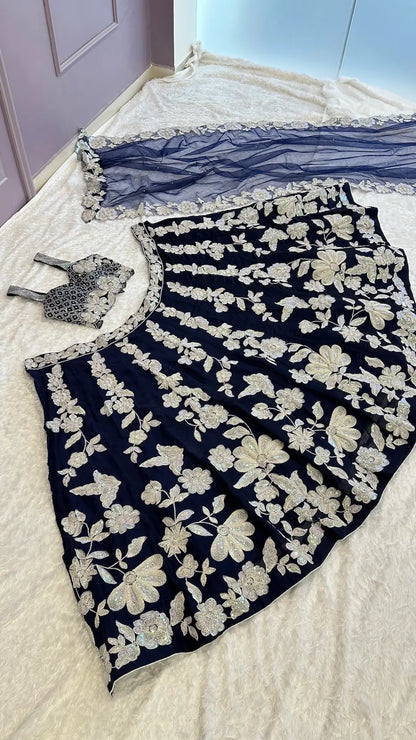 Navy Blue Kasturi Silk Lehenga Choli With Sequence & Dori Work