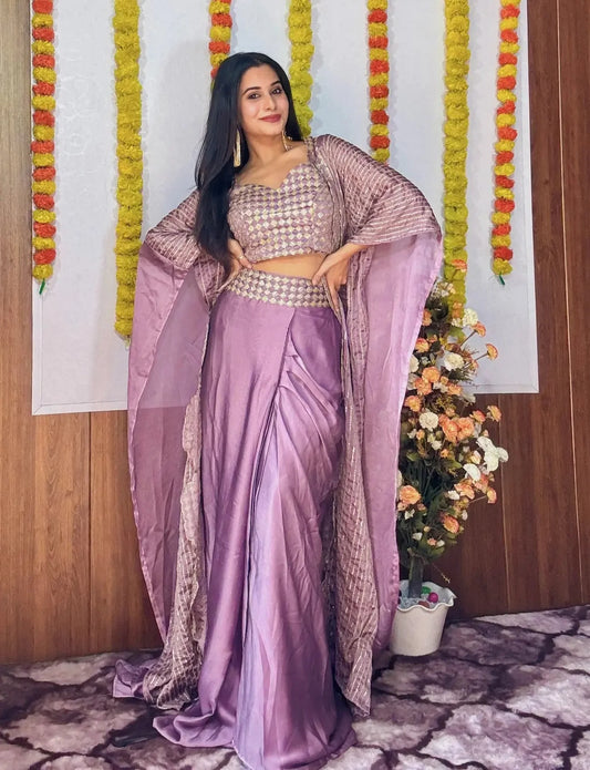 Lavender Kasturi Silk Indo Western Set With Sequence & Dori work