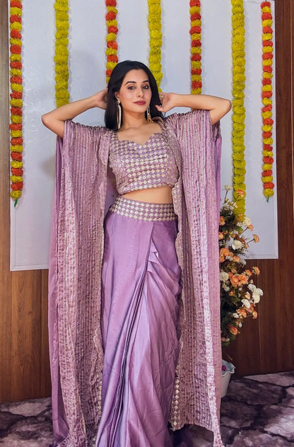 Lavender Kasturi Silk Indo Western Set With Sequence & Dori work