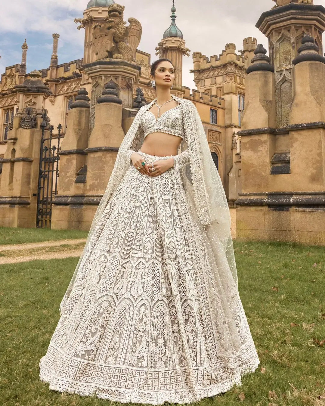White Net Lehenga Choli With Thread, Sequence & Dori Work