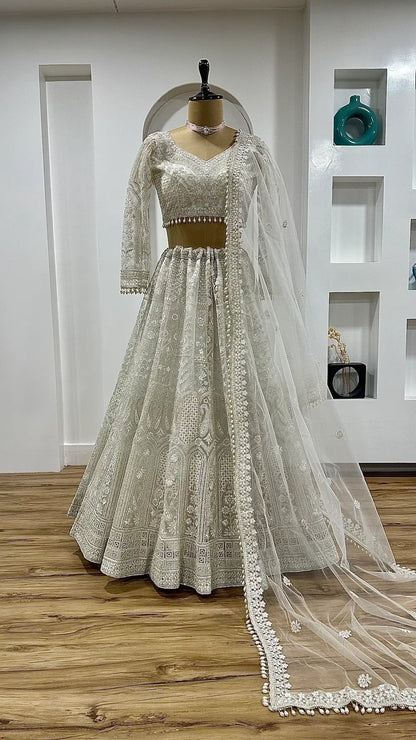 White Net Lehenga Choli With Thread, Sequence & Dori Work