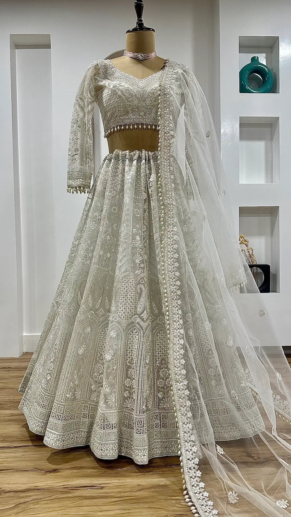 White Net Lehenga Choli With Thread, Sequence & Dori Work