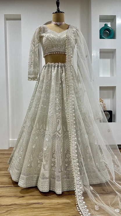 White Net Lehenga Choli With Thread, Sequence & Dori Work