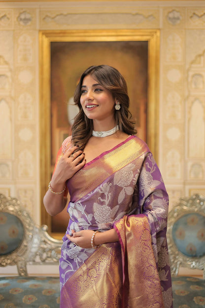 Lavendar Kanjivaram Zari Weaving Silk Saree