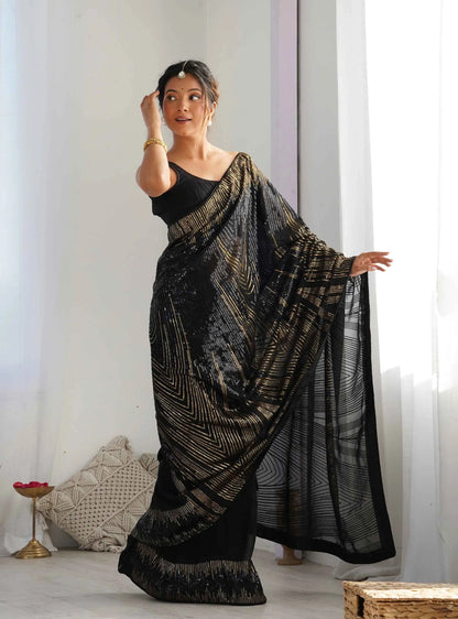 Black Georgette Sequins Embroidery Work Designer Saree