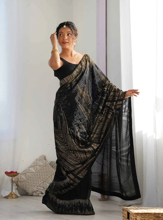 Black Georgette Sequins Embroidery Work Designer Saree