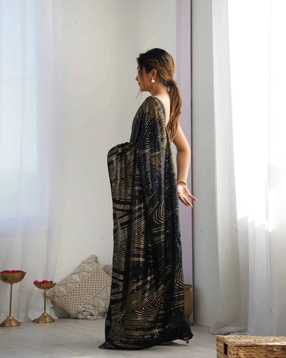 Black Georgette Sequins Embroidery Work Designer Saree